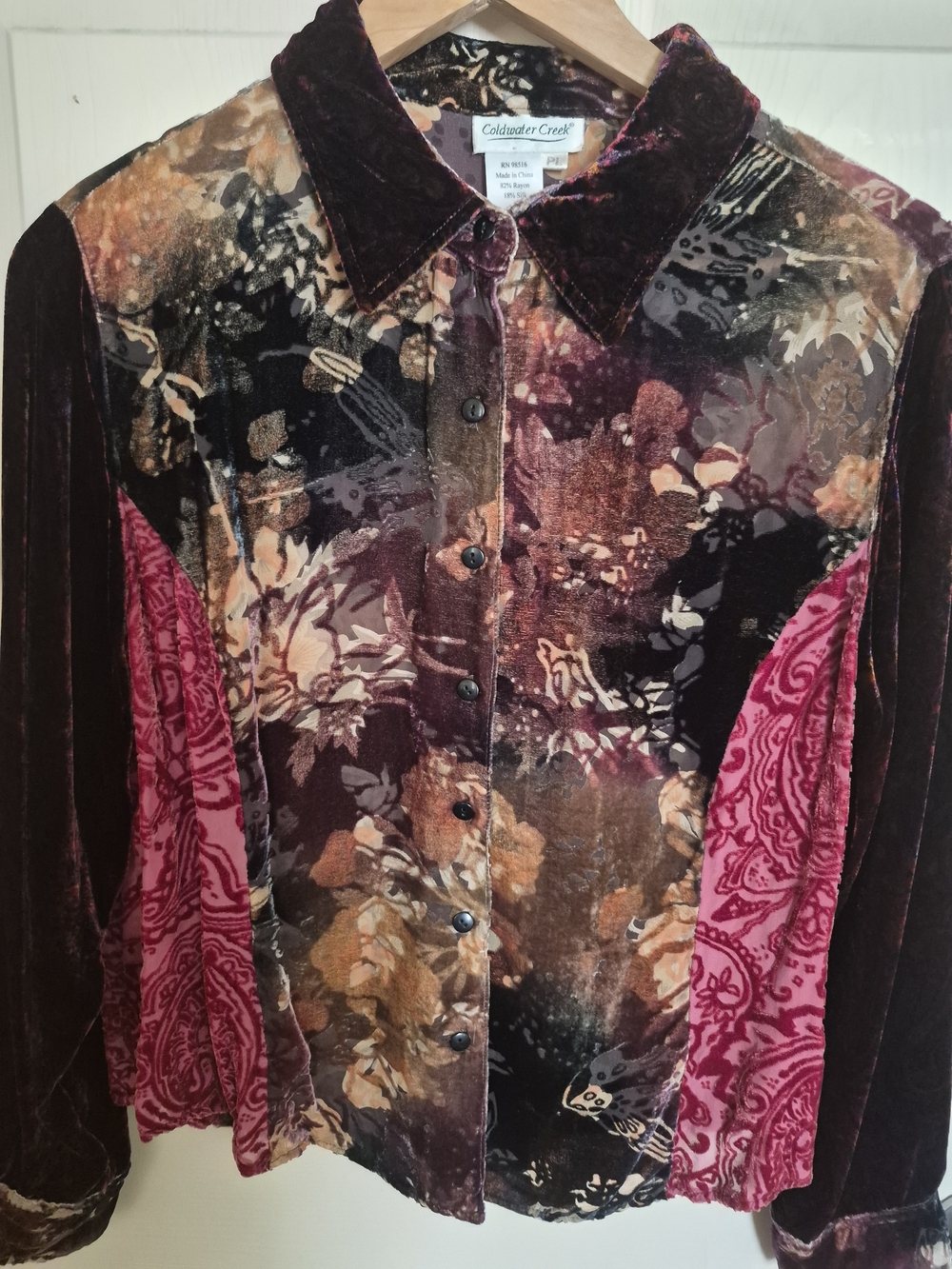 Size PL Coldwater Creek Multicolor Velvet Button-Front Jacket with Pink Panels